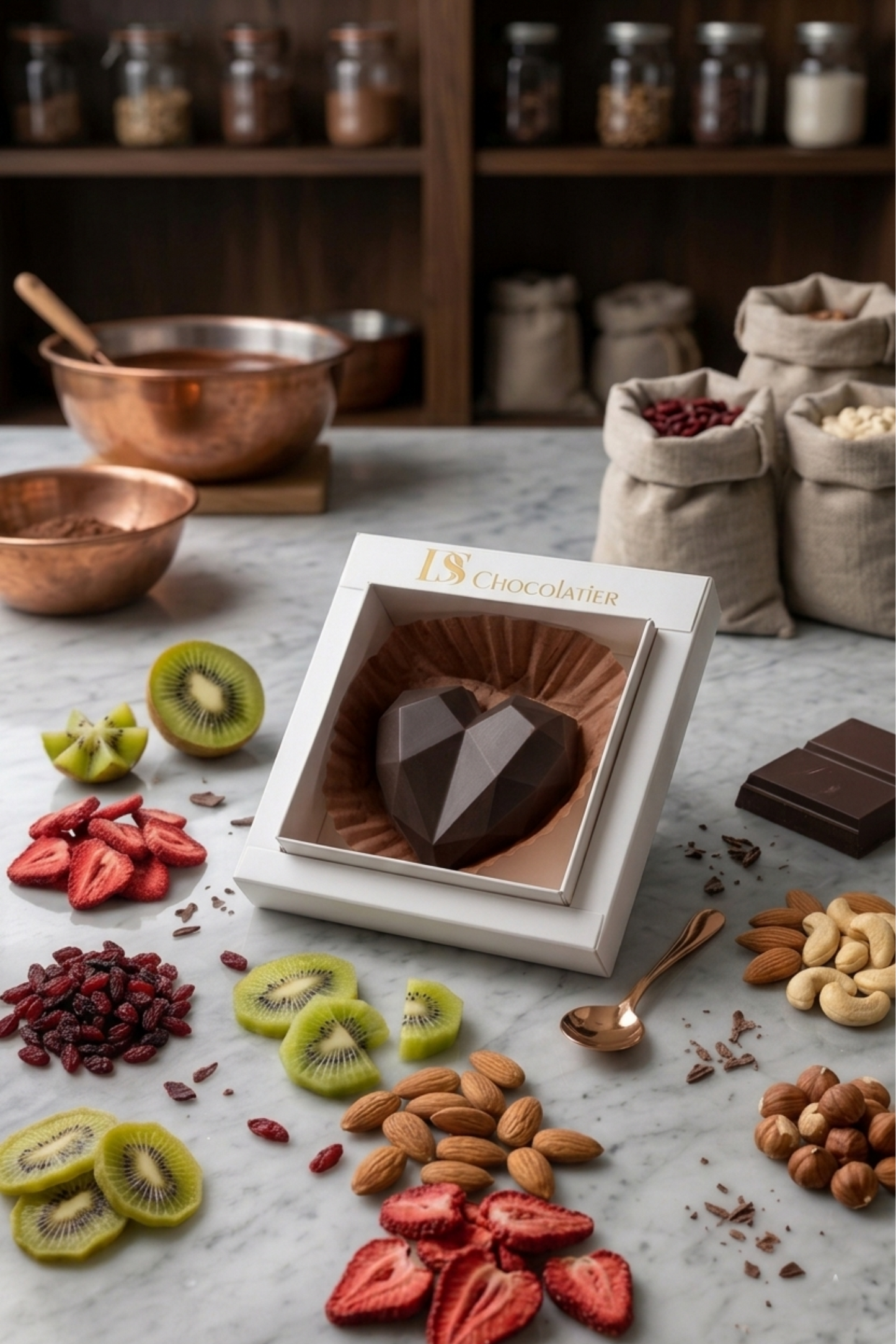 Imperial Geometric Heart Dark Chocolate – Hazelnut, Nuts & Dehydrated Fruits